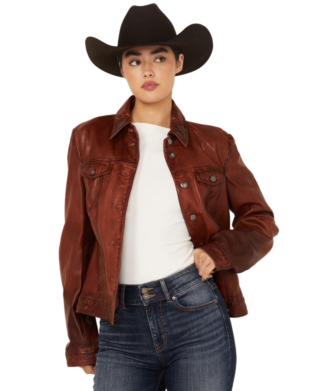 Scully Women's Leather Denim Button Jacket - Vintage Brown