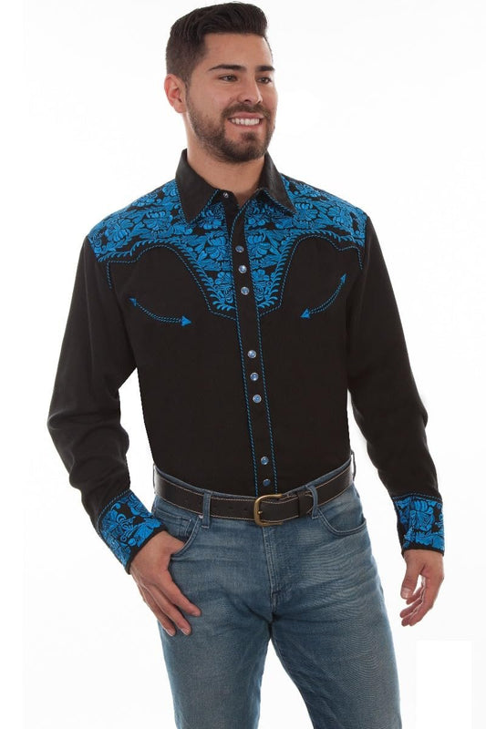 Scully Western Men's Floral Tooled Embroidered Snap Front Shirt - Royal