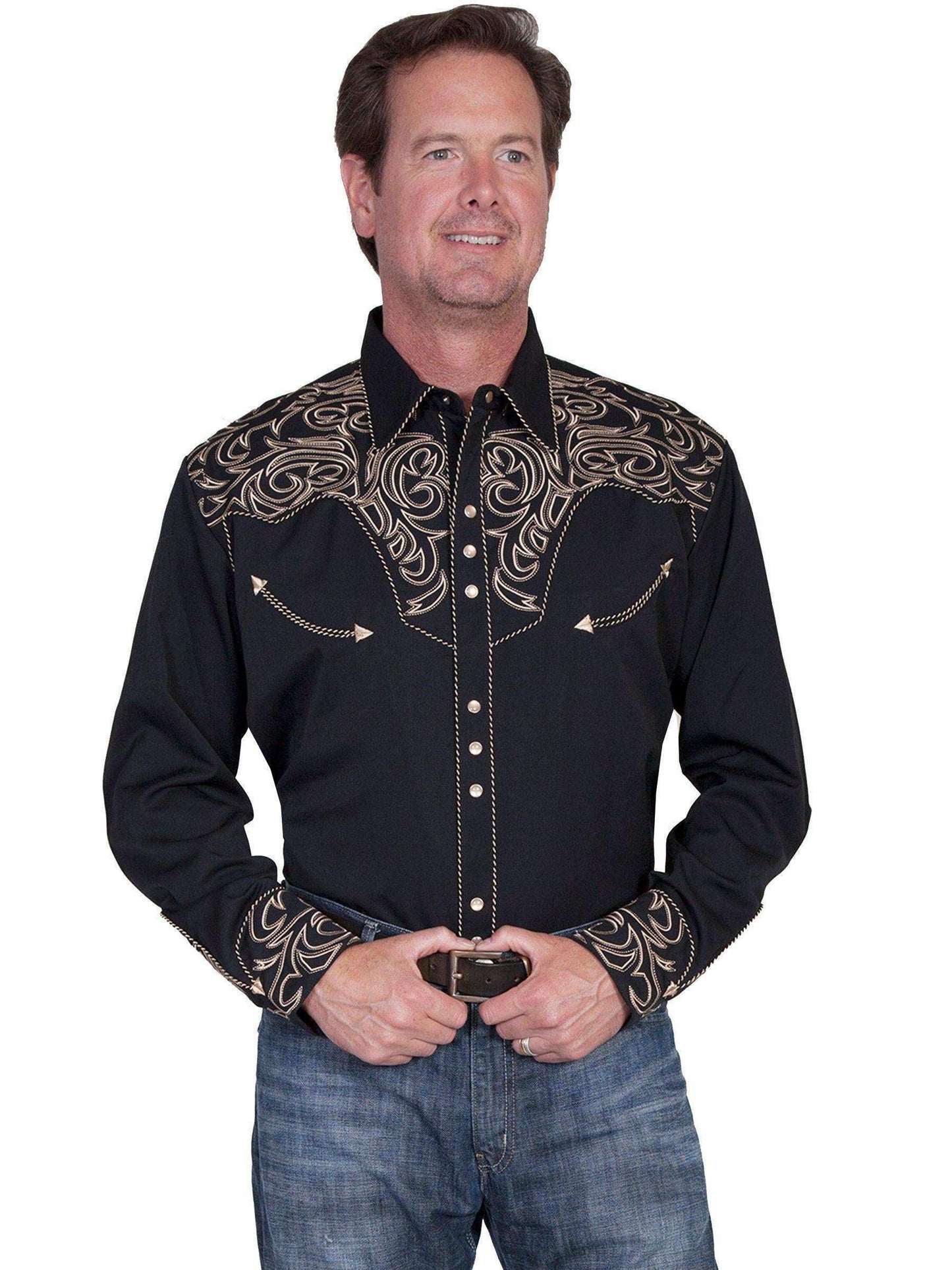 Scully Men's Embroidered Scroll Long Sleeve Snap Western Shirt - Black