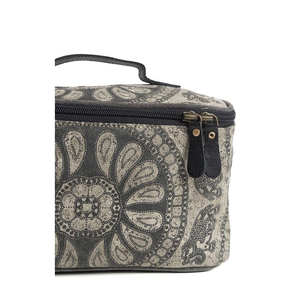 Myra Bag Women's Makeup Bag Upcycled Western Canvas Leather Cosmetic Gray New
