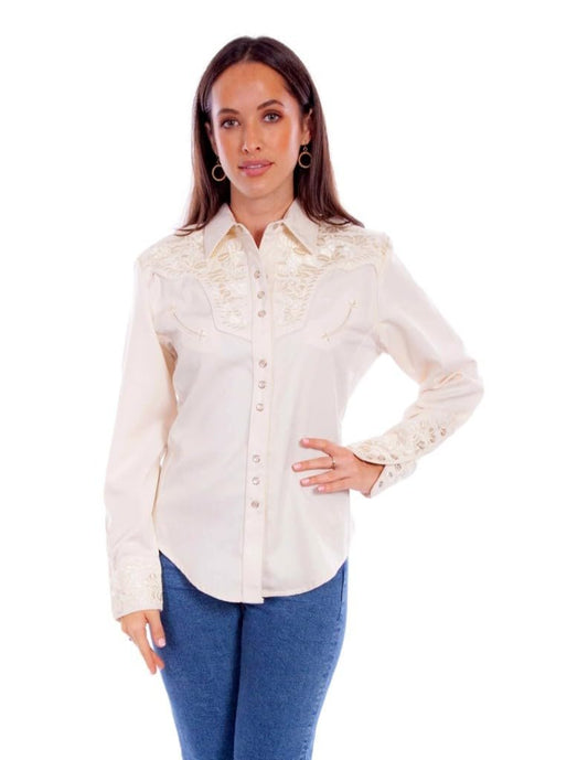 Scully Western Shirt Women's Floral Tooled Embroidered Blouse - Ivory