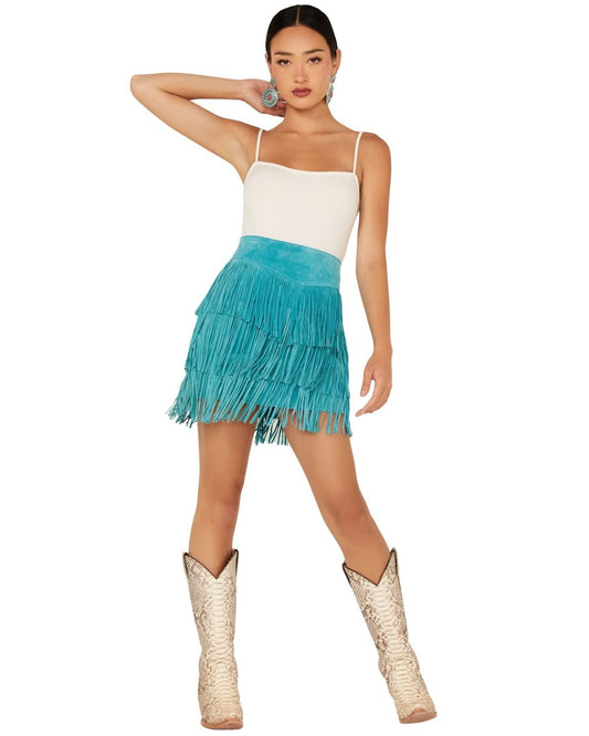 Scully Women's Fringe Tiered Suede Mini Skirt - Turquoise