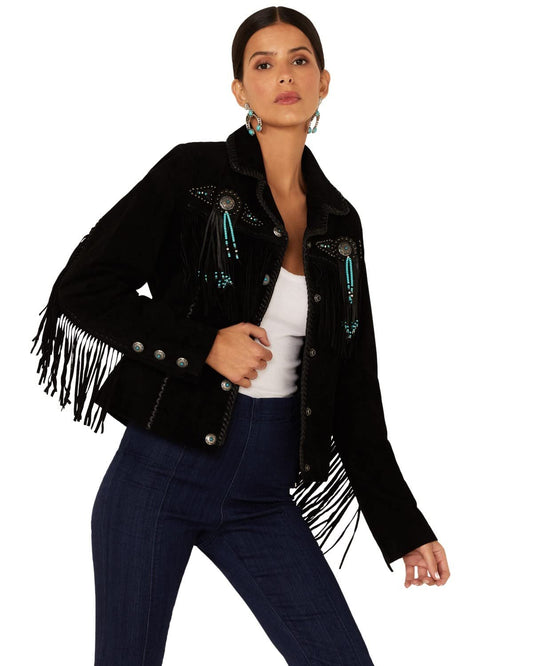 Scully Women's Fringe and Beaded Suede Leather Jacket - Black