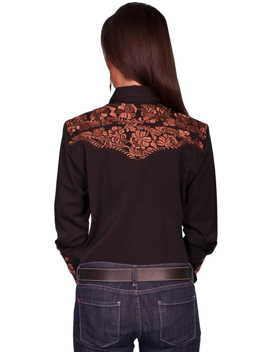 Scully Western Shirt Women's Floral Tooled Embroidered Blouse - Black