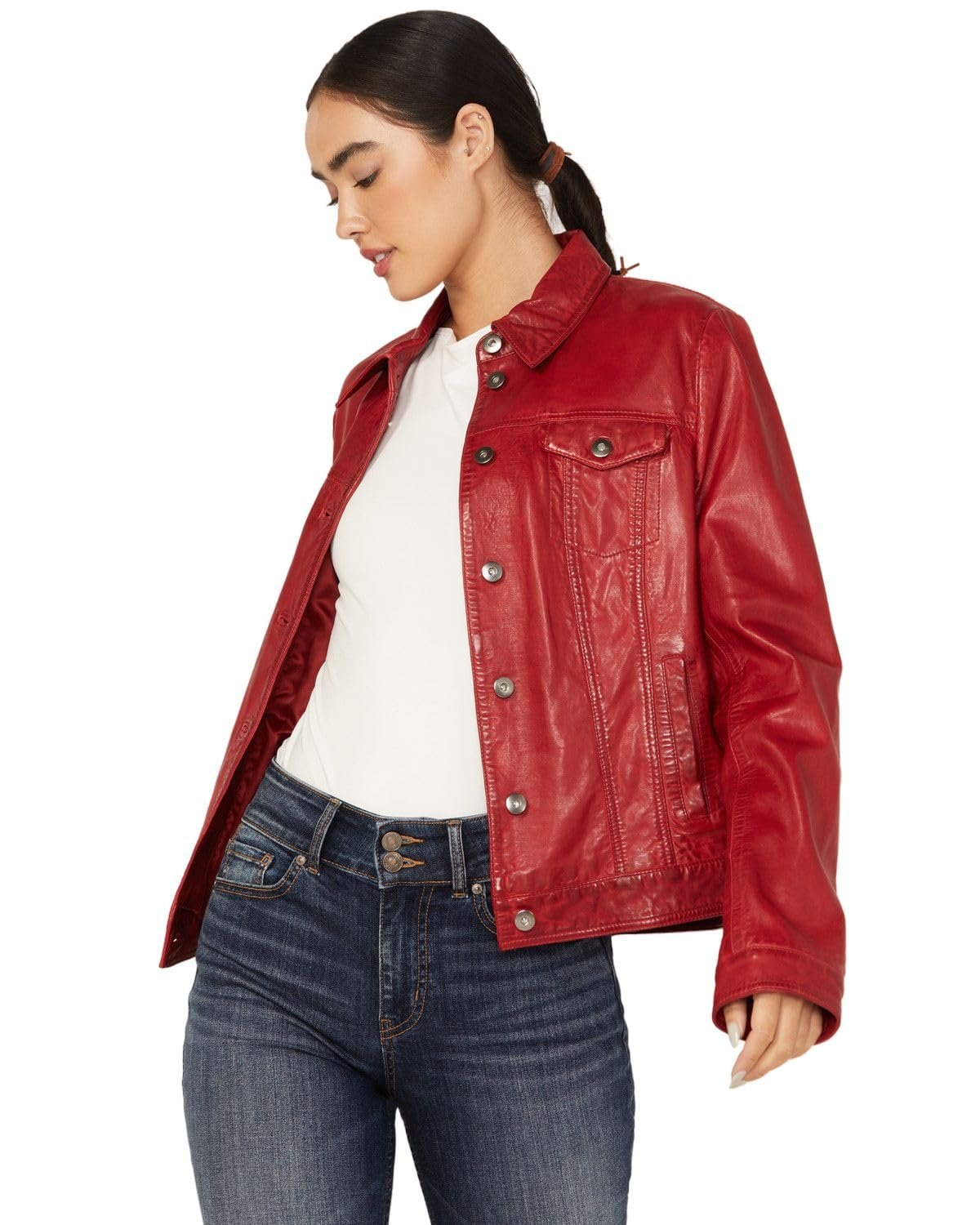 Scully Women's Leather Denim Button Jacket - Vintage Red