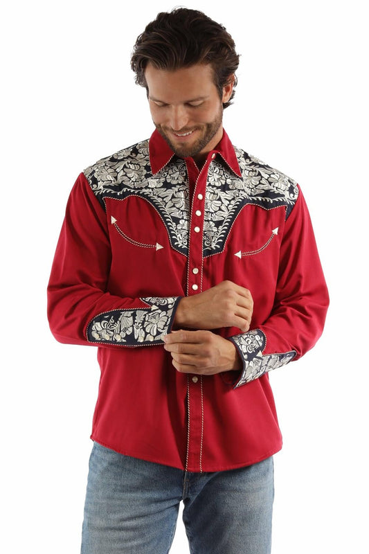 Scully Western Men's Floral Tooled Embroidered Snap Front Shirt - Red/White/Blue