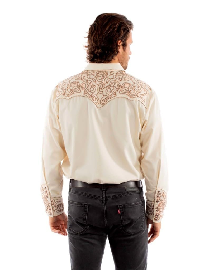 Scully Men's Embroidered Scroll Long Sleeve Snap Western Shirt - Cream