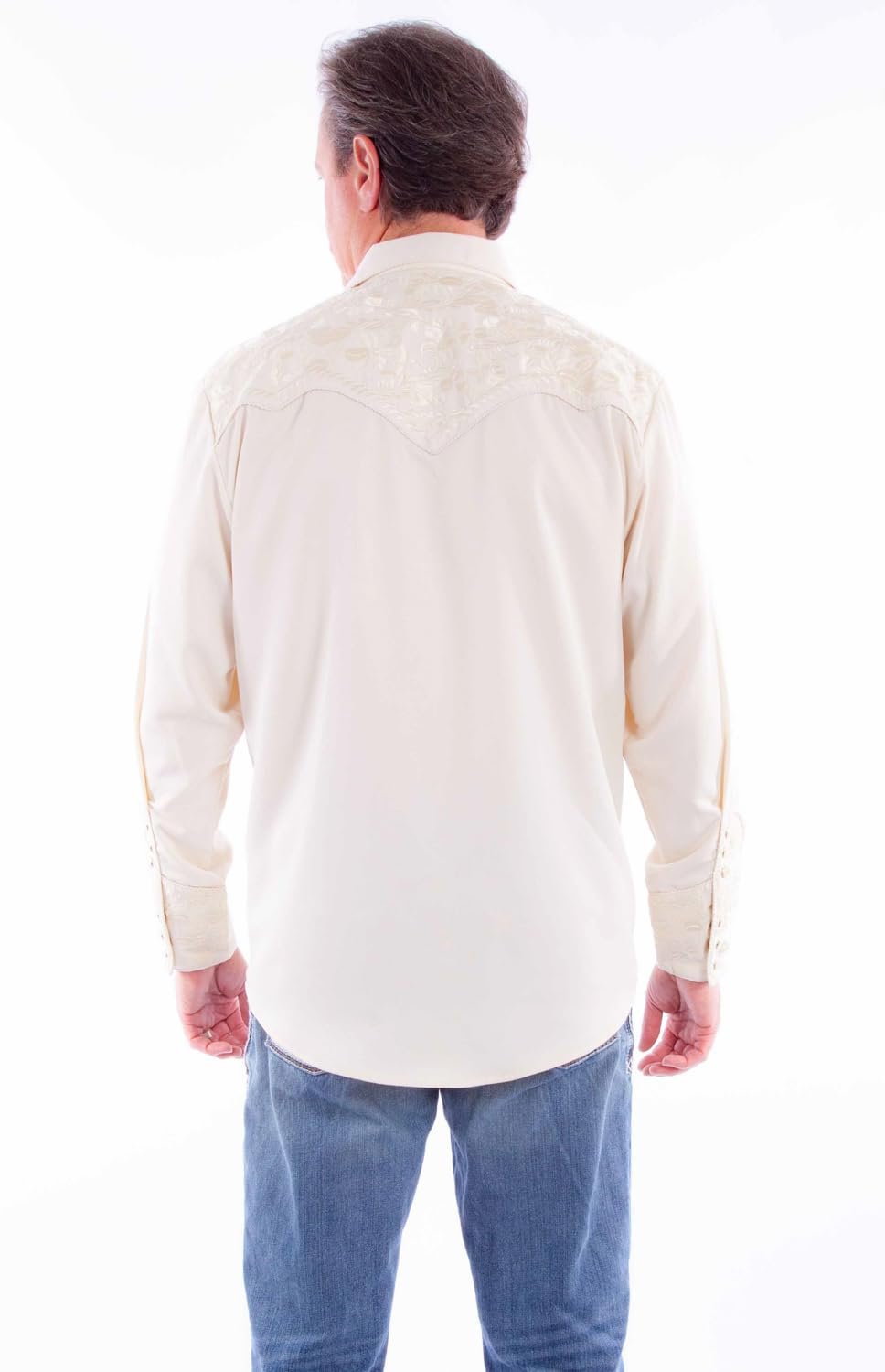 Scully Western Men's Floral Tooled Embroidered Snap Front Shirt - Ivory