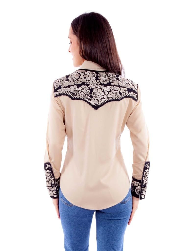 Scully Western Shirt Women's Floral Tooled Embroidered Blouse - Tan
