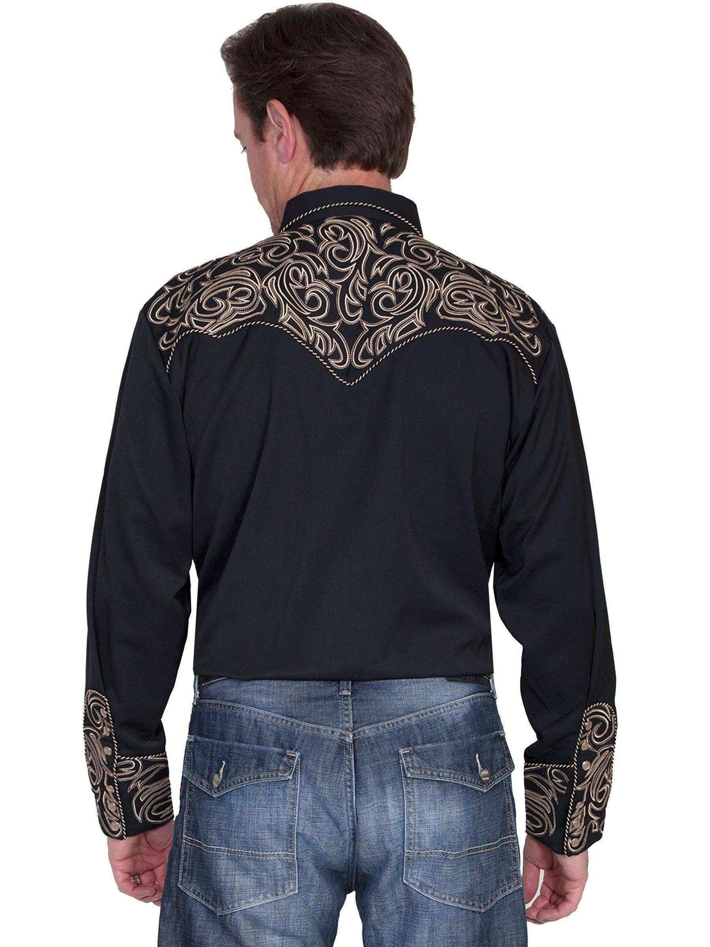 Scully Men's Embroidered Scroll Long Sleeve Snap Western Shirt - Black