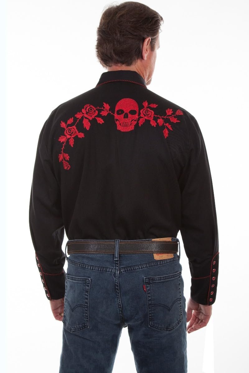 Scully Men's Skull and Roses Embroidered Snap Front Shirt - Red