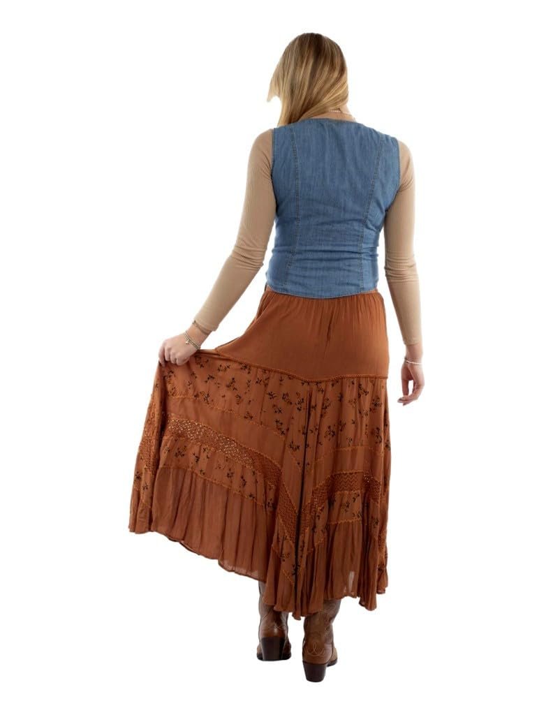 Scully Women's Western Rose Print Rayon Long Skirt - Rust