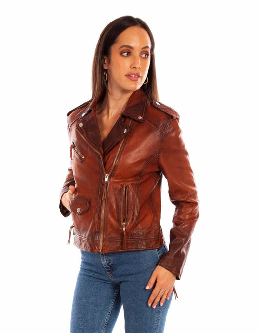 Scully Women's Western Leather Zip Front Jacket - Vintage Brown