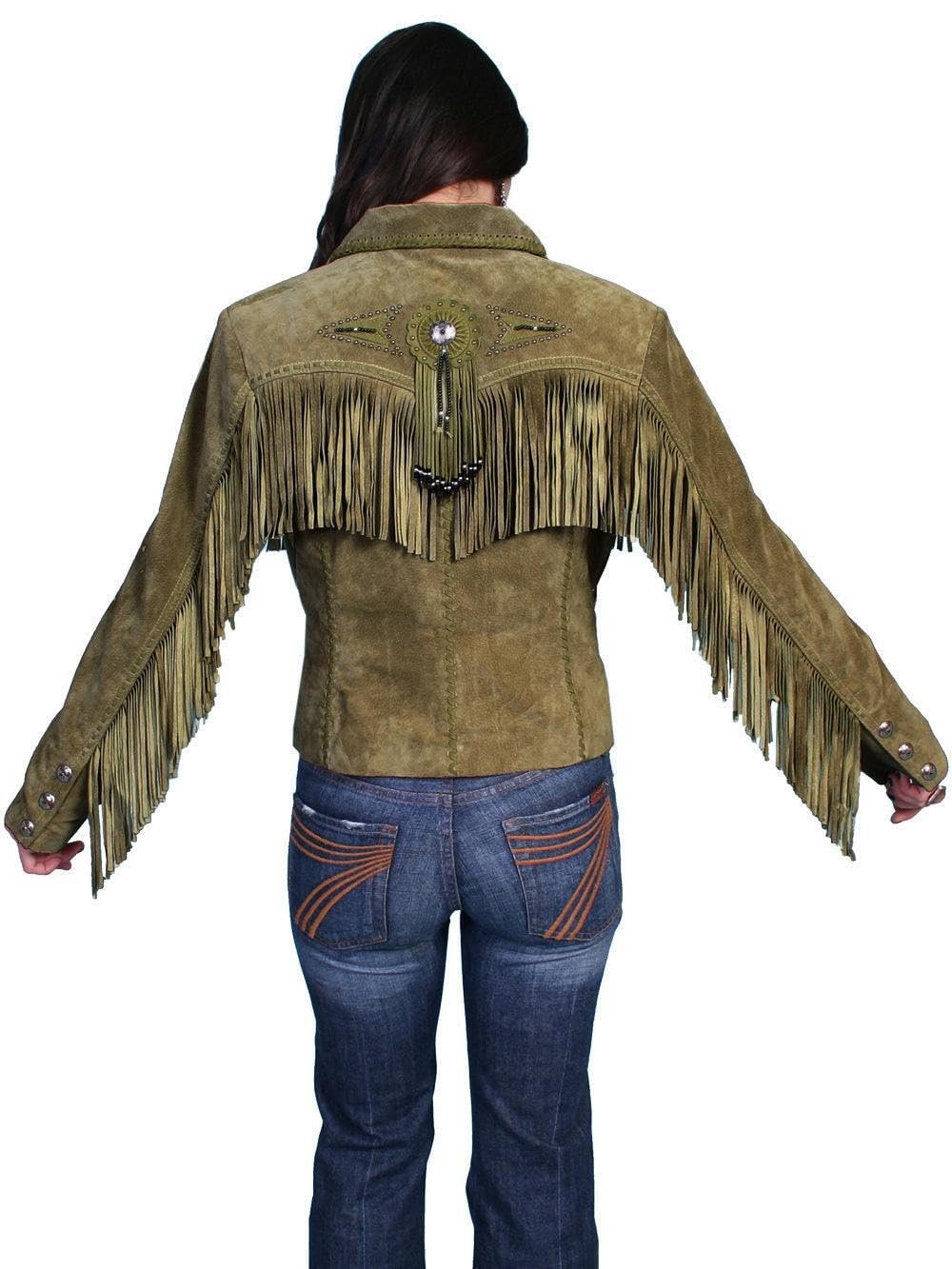Scully Women's Fringe and Beaded Suede Leather Jacket - Olive