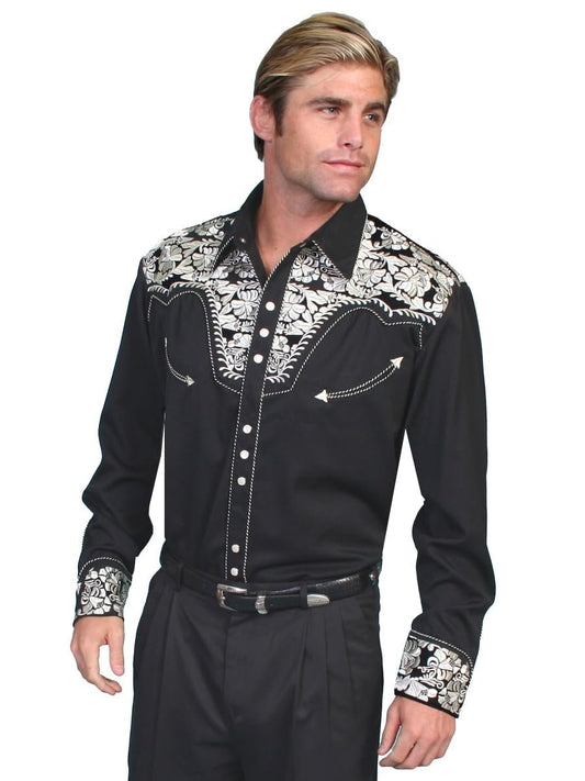 Scully Western Men's Floral Tooled Embroidered Snap Front Shirt - Silver