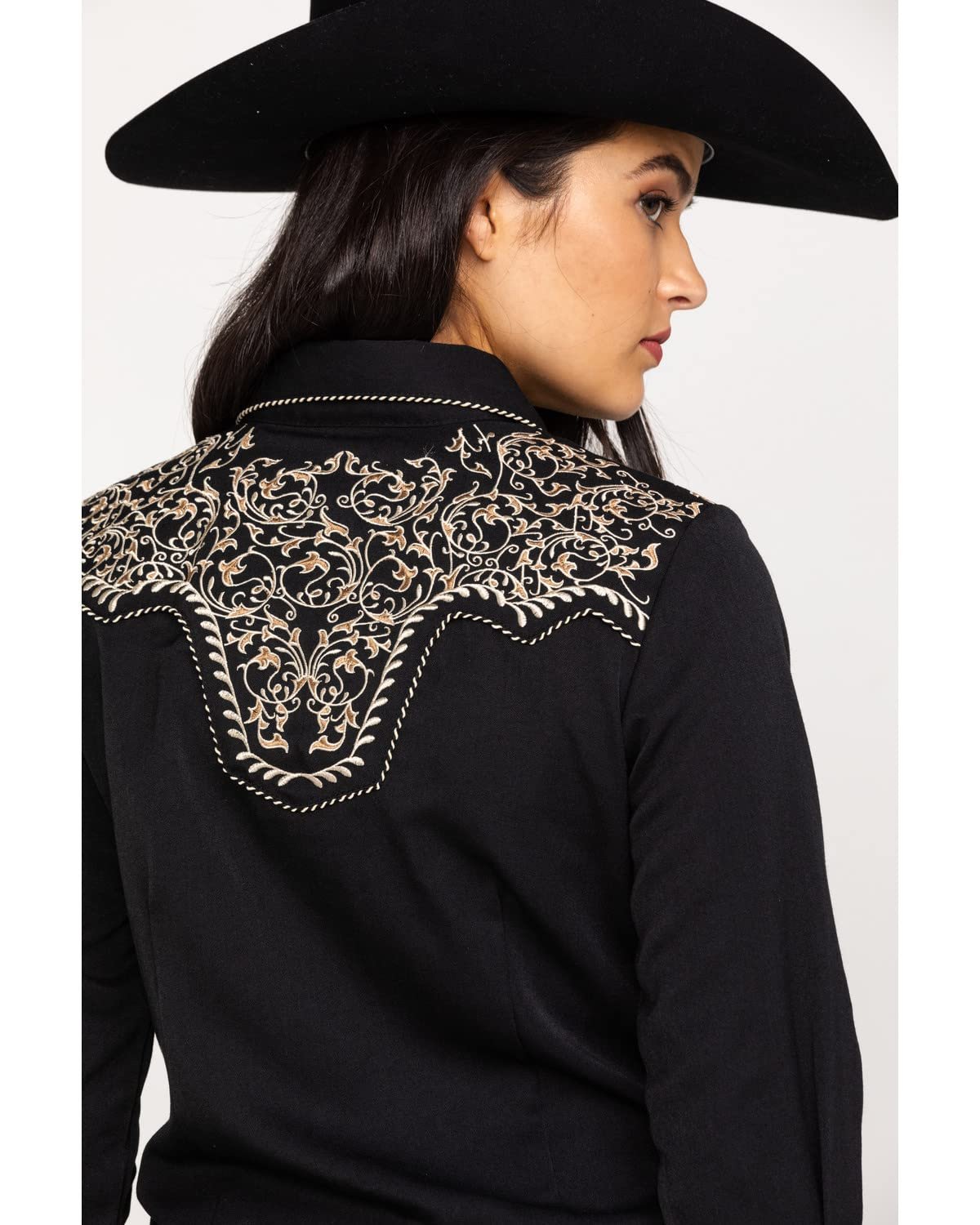 Scully Women's Scroll Embroidered Long Sleeve Pearl Snap Western Shirt - Black