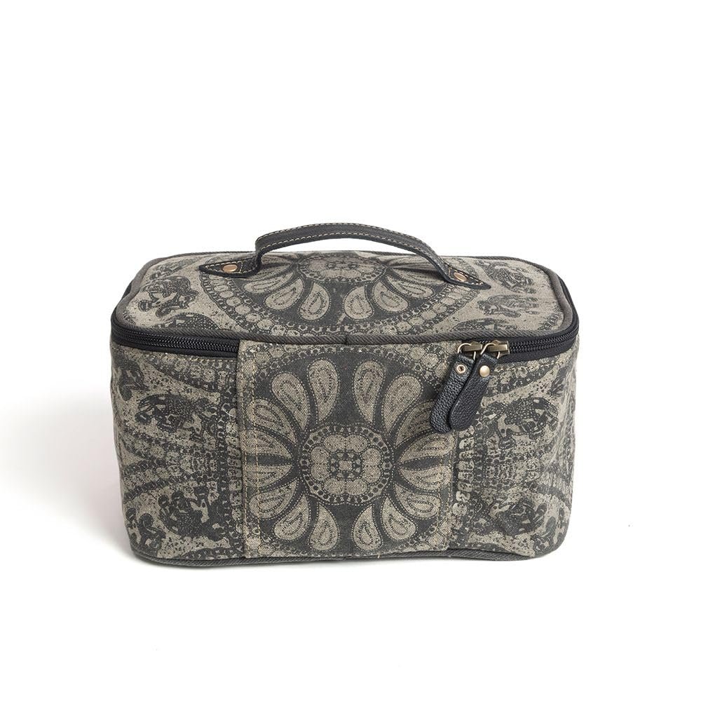 Myra Bag Women's Makeup Bag Upcycled Western Canvas Leather Cosmetic Gray New