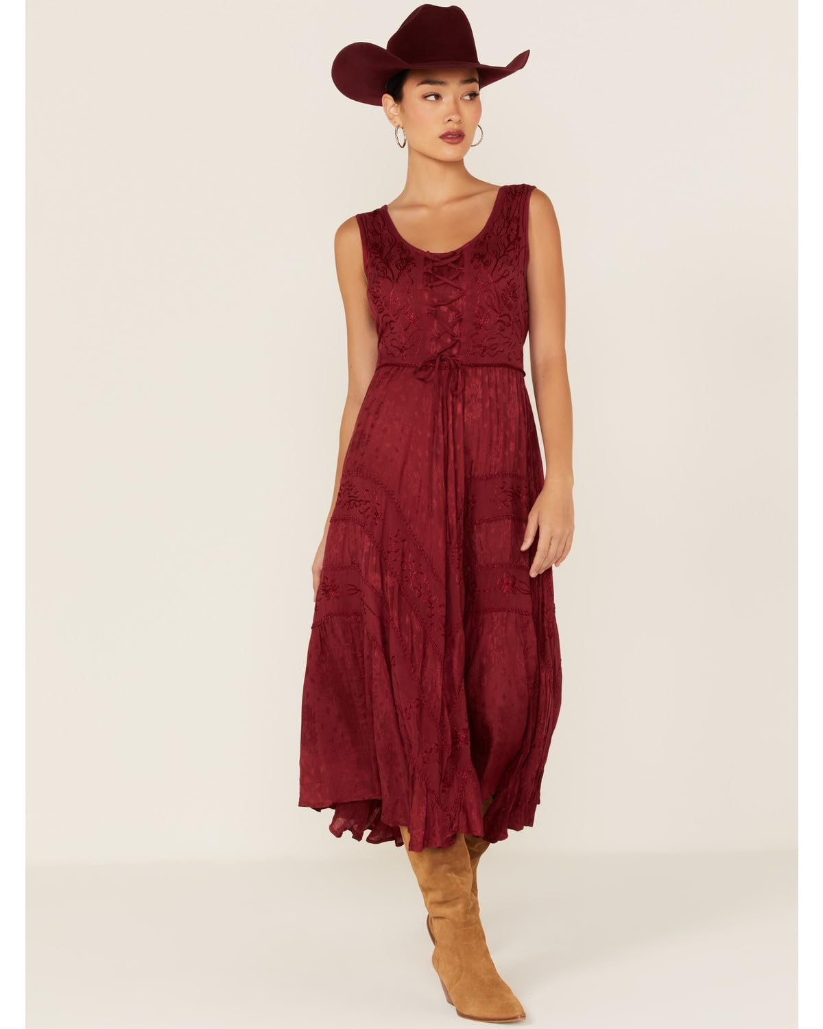 Scully Women's Lace Front Sleeveless Full Length Dress - Burgundy