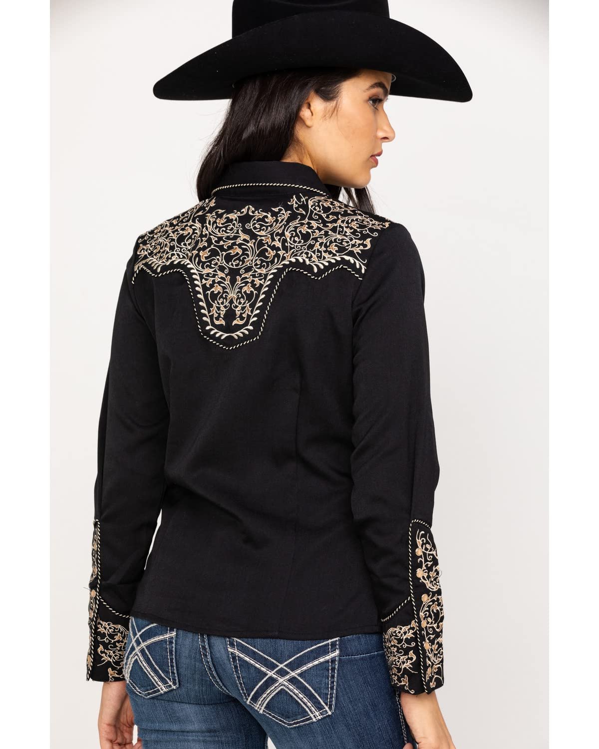 Scully Women's Scroll Embroidered Long Sleeve Pearl Snap Western Shirt - Black