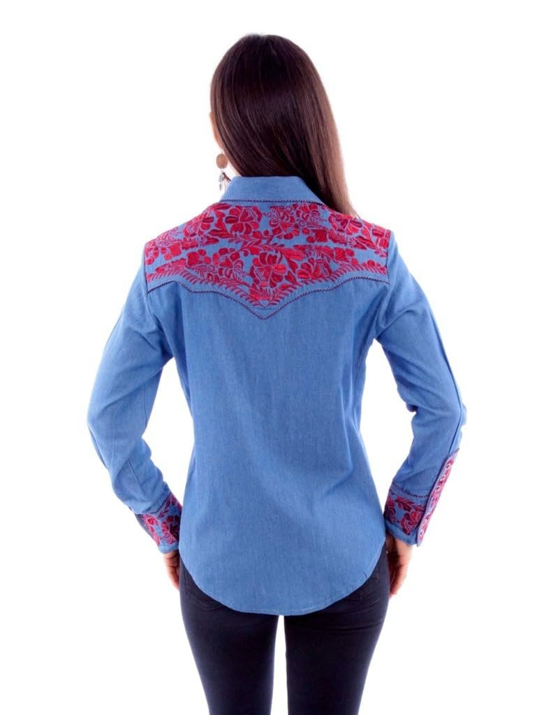 Scully Western Shirt Women's Floral Tooled Embroidered Blouse - Blue/Cranberry