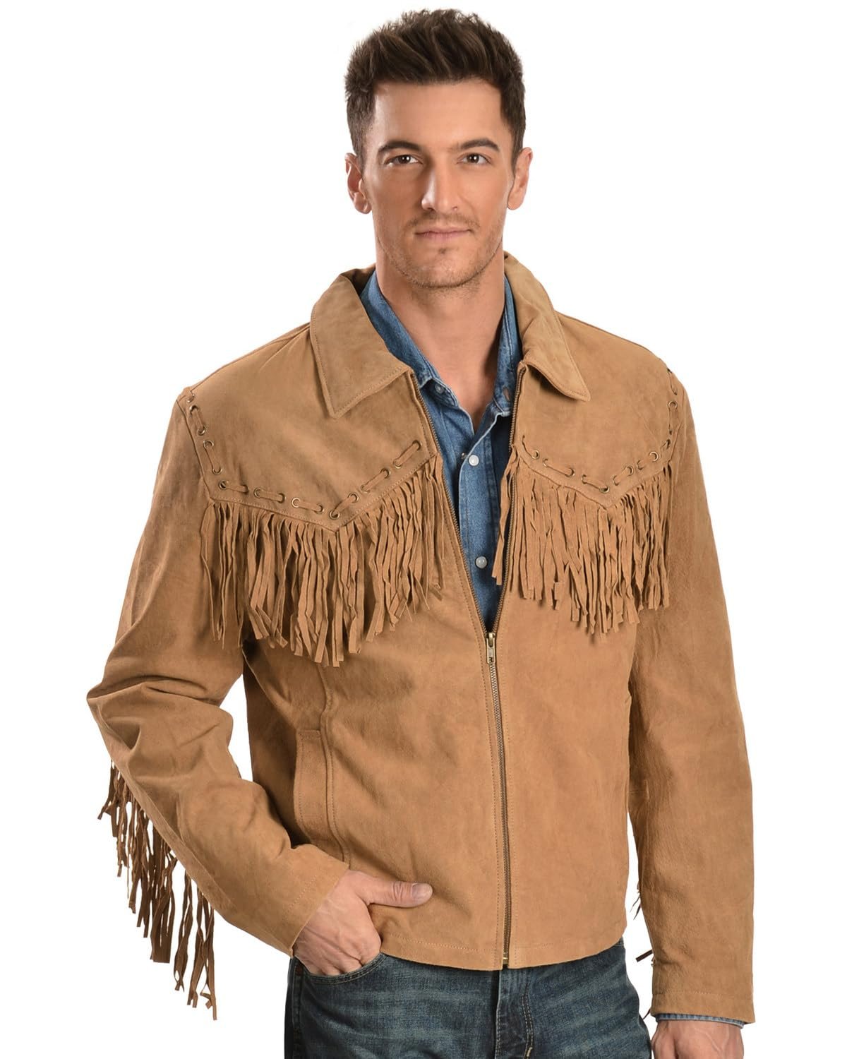 Scully Men's Boar Suede Fringe Leather Jacket - Bourbon