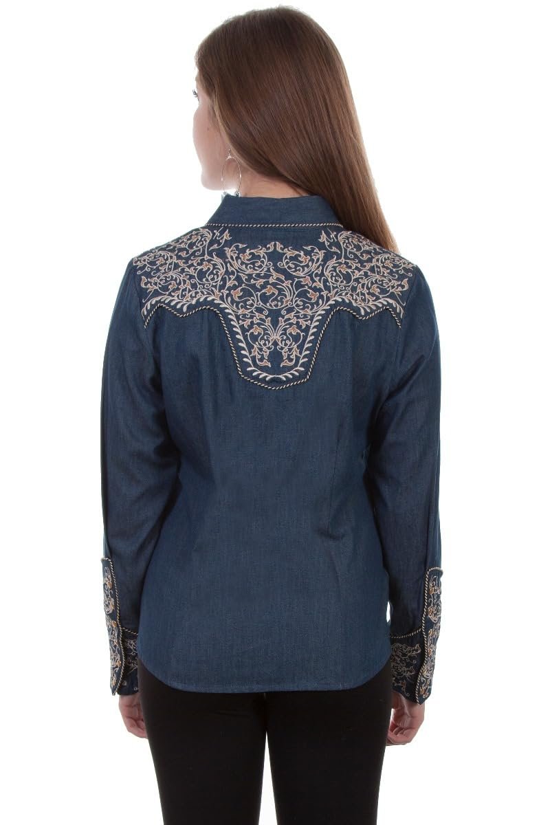 Scully Women's Scroll Embroidered Long Sleeve Pearl Snap Western Shirt - Denim