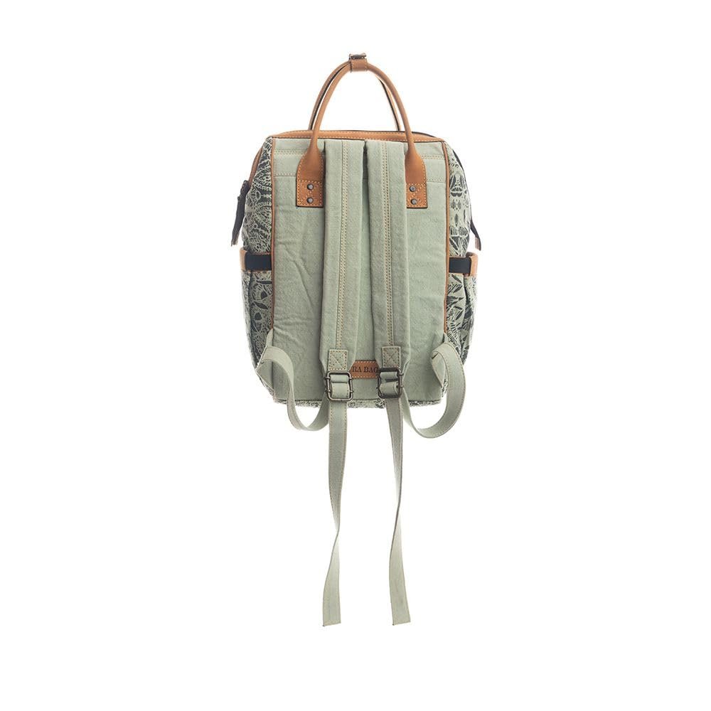 Myra Diaper Bag Women's Western Upcycled Canvas Leather Backpack Handbag Green