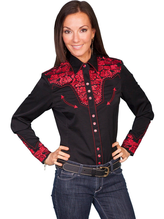 Scully Western Shirt Women's Floral Tooled Embroidered Blouse - Red