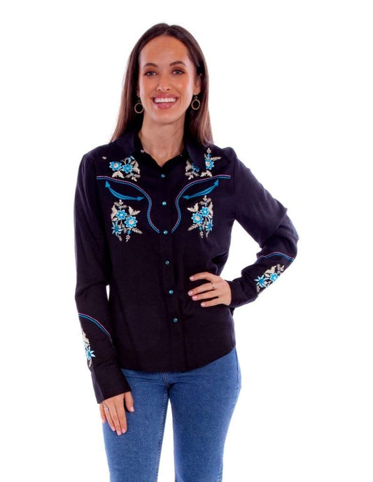 Scully Women's Floral Embroidered Long Sleeve Snap Western Shirt