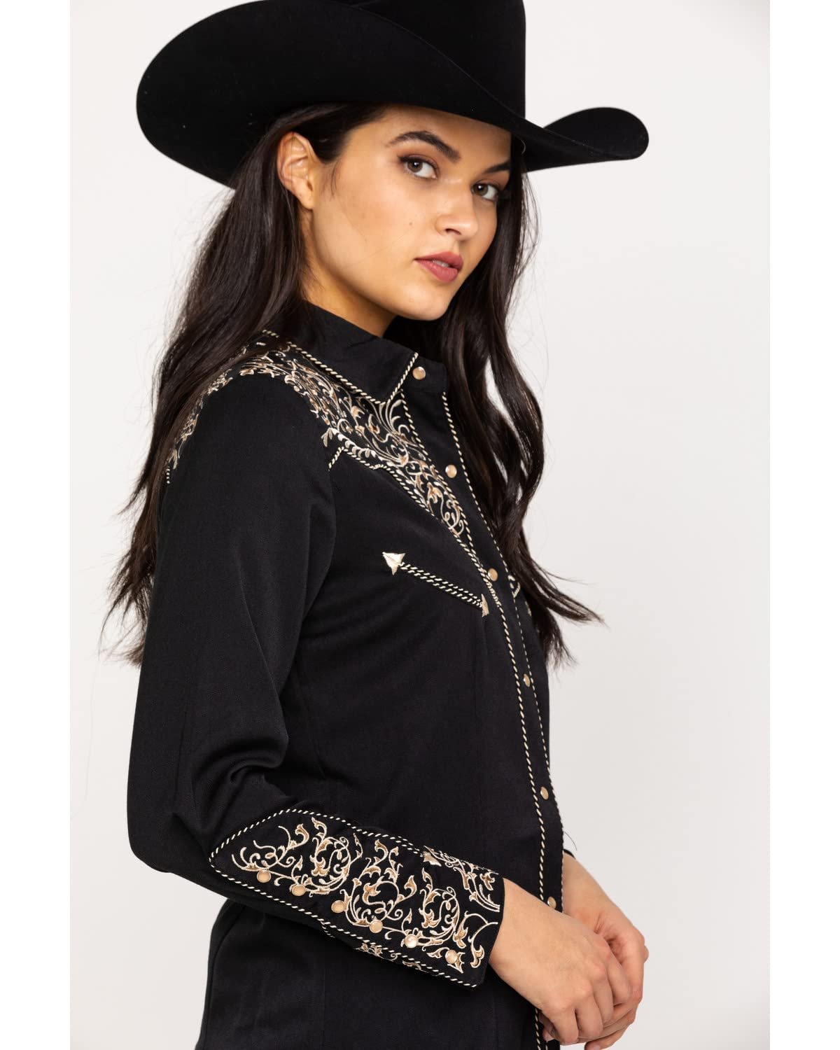 Scully Women's Scroll Embroidered Long Sleeve Pearl Snap Western Shirt - Black