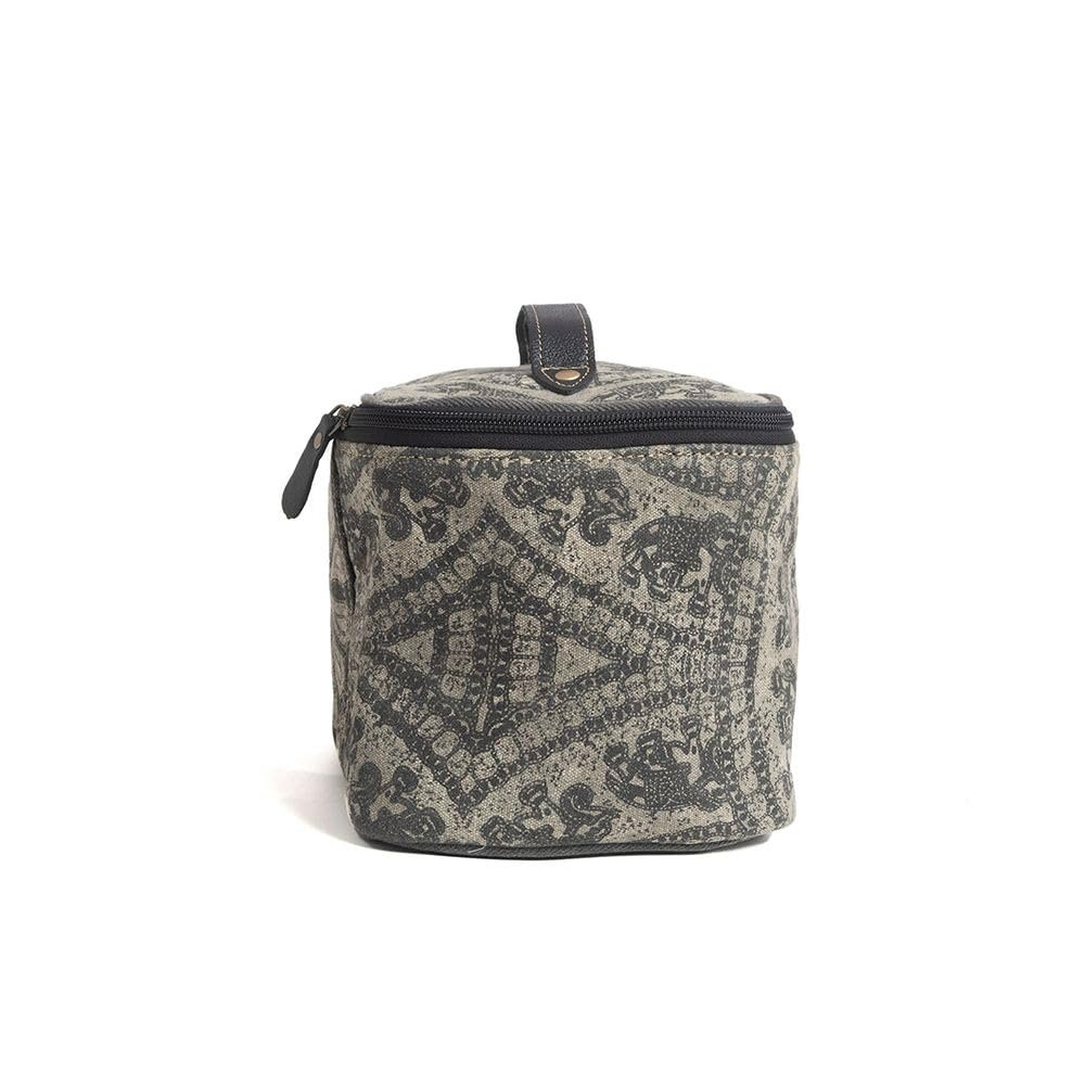 Myra Bag Women's Makeup Bag Upcycled Western Canvas Leather Cosmetic Gray New