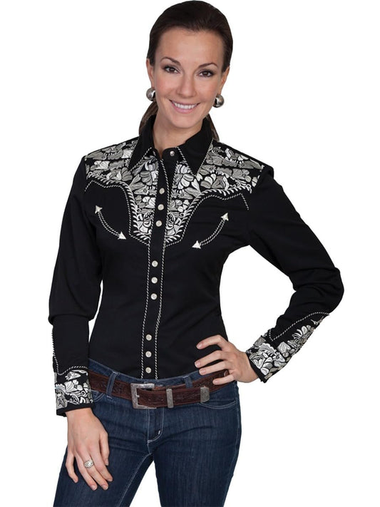 Scully Western Shirt Women's Floral Tooled Embroidered Blouse - Silver