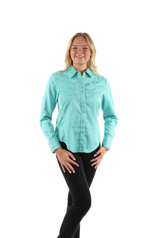 Scully Western Shirt Women's Floral Tooled Embroidered Blouse - Caribbean