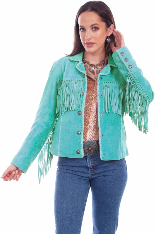 Scully Women's Suede Fringe Leather Snap Jacket - Turquoise