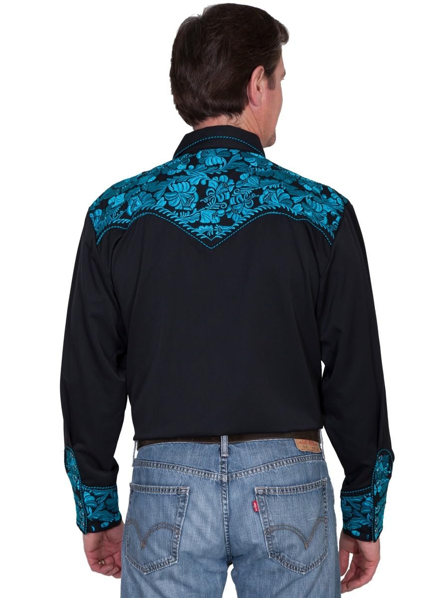 Scully Western Men's Floral Tooled Embroidered Snap Front Shirt - Turquoise