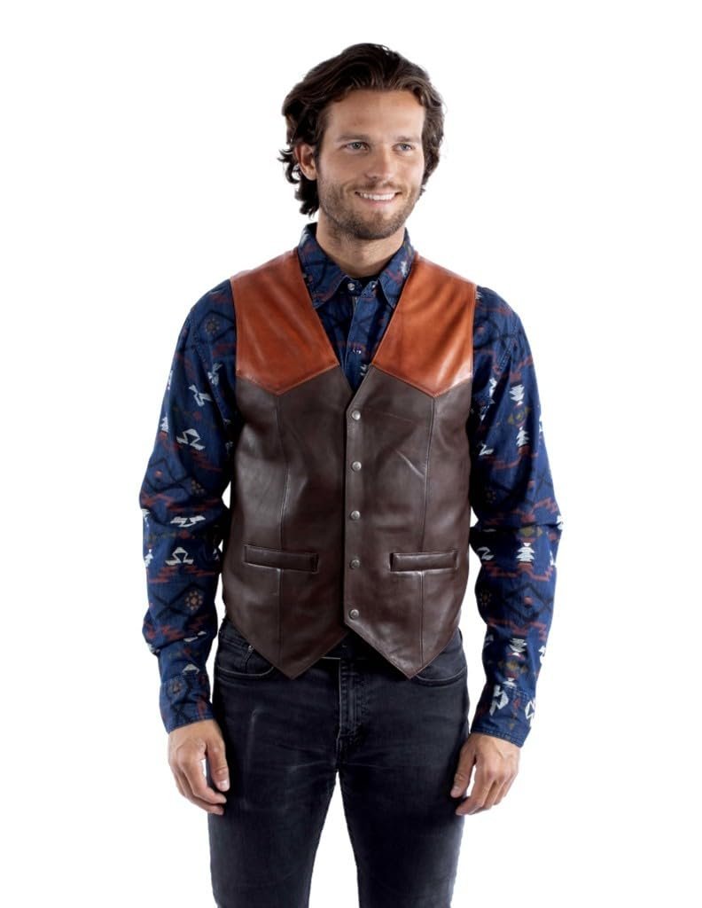 Scully Men's Soft Touch Lambskin Leather Snap Front Vest - Chocolate/Cognac