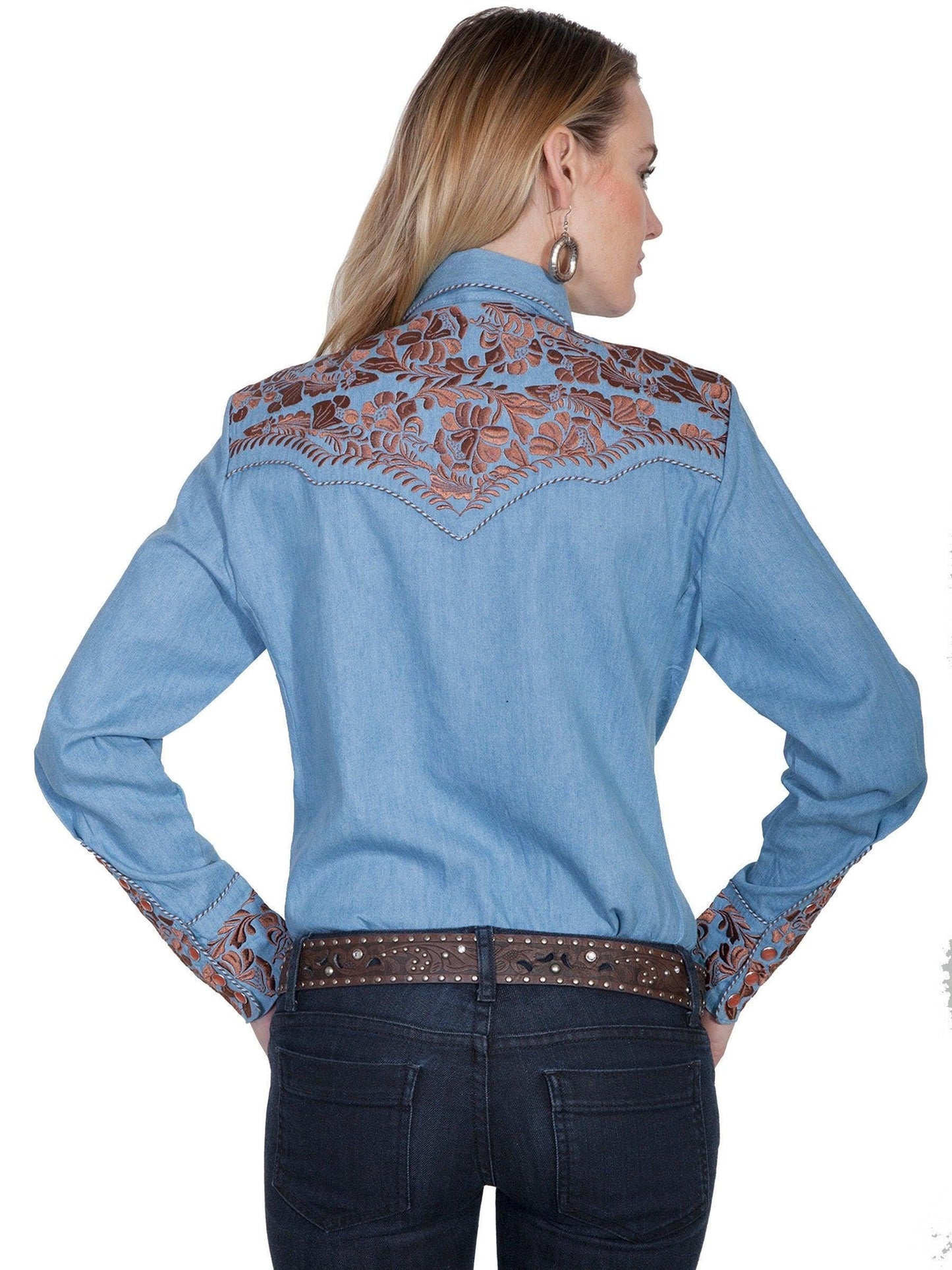 Scully Western Shirt Women's Floral Tooled Embroidered Blouse - Blue