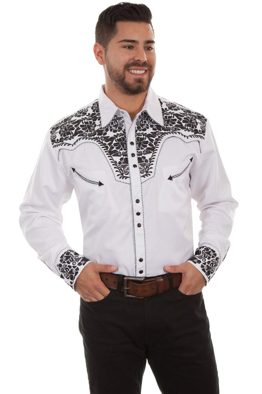 Scully Western Men's Floral Tooled Embroidered Snap Front Shirt - White/Black