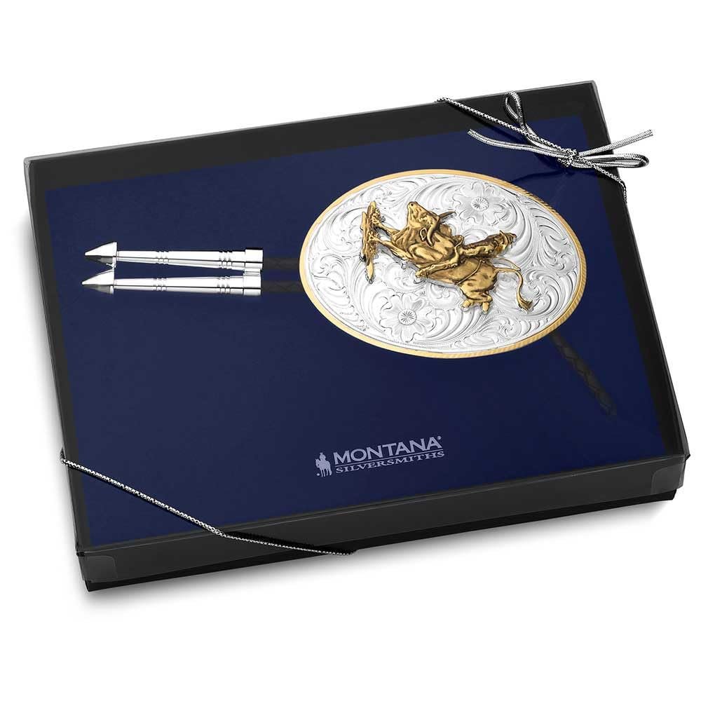 Montana Silversmiths Extra Large Bolo Tie, Bull Rider Figure, Black Braided Leather Cord