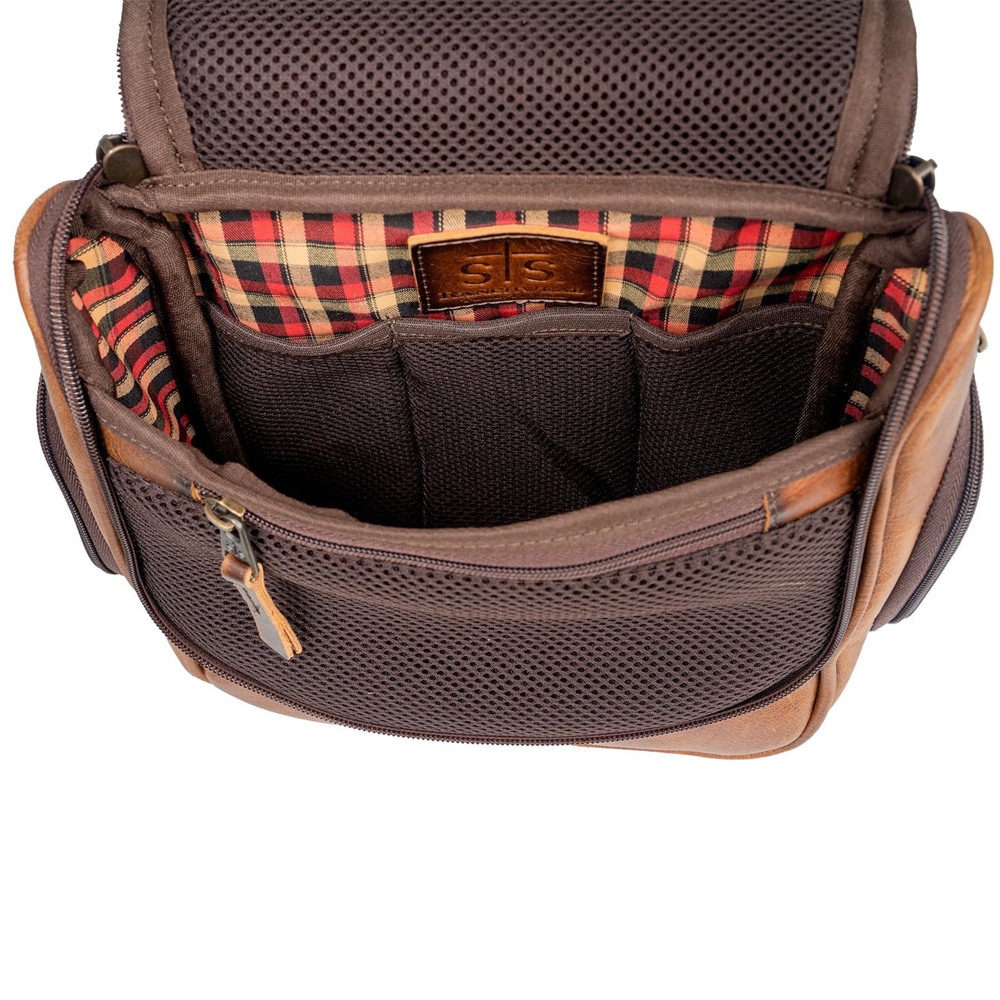 STS Ranchwear Men's Tucson Hanging Shave STS30310 Multi-Pocket Leather Travel Toiletry Dopp Kit Organizer Bag, Rich Tan, 10.5" W x 10" H