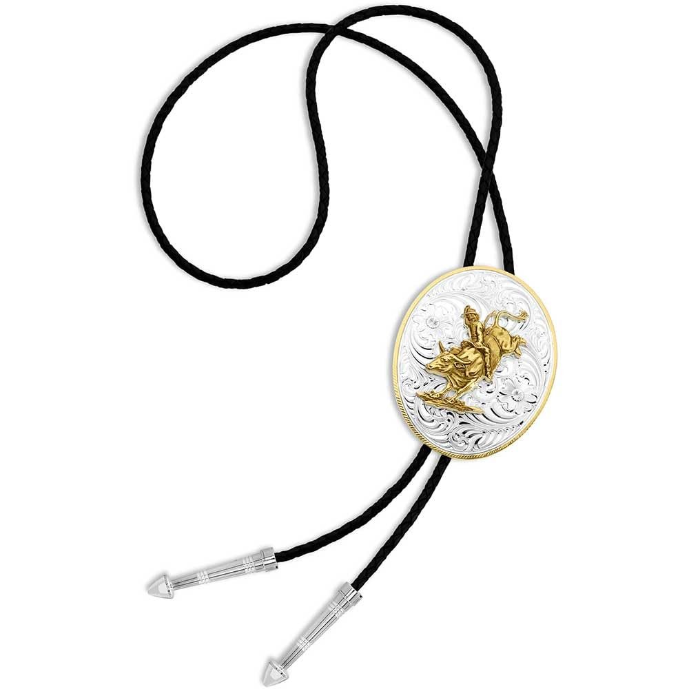 Montana Silversmiths Extra Large Bolo Tie, Bull Rider Figure, Black Braided Leather Cord