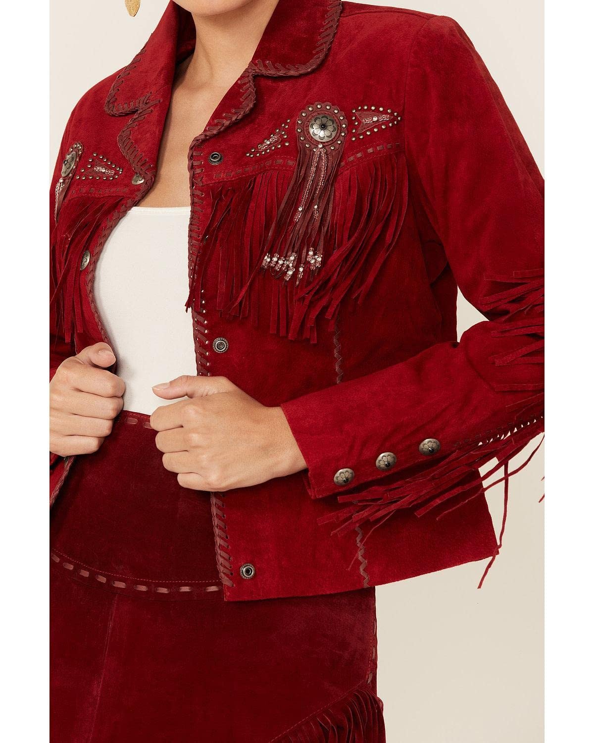 Scully Women's Fringe and Beaded Suede Leather Jacket - Red