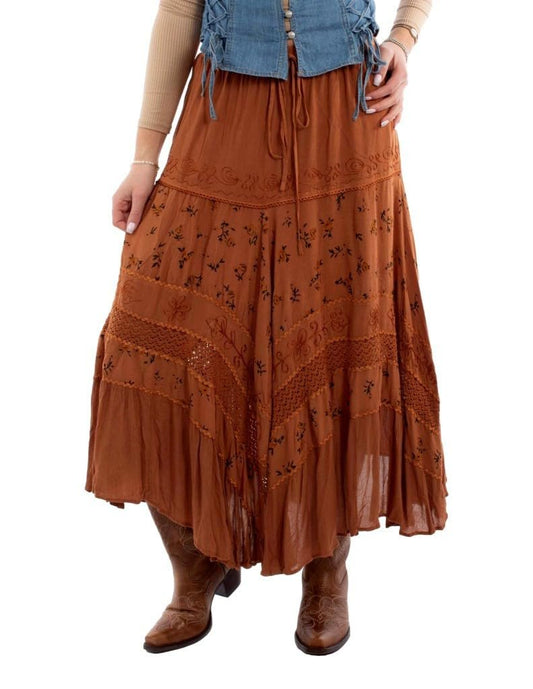 Scully Women's Western Rose Print Rayon Long Skirt - Rust