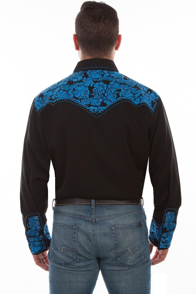 Scully Western Men's Floral Tooled Embroidered Snap Front Shirt - Royal
