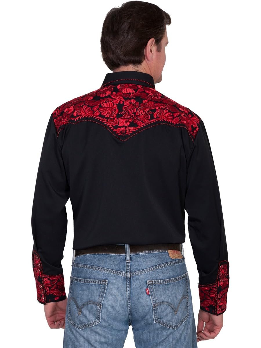Scully Western Men's Floral Tooled Embroidered Snap Front Shirt - Crimson