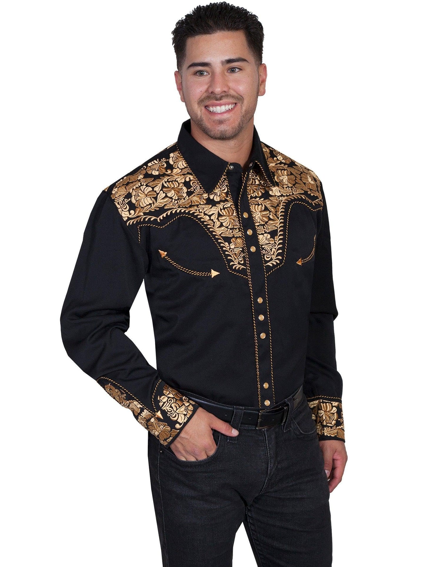 Scully Western Men's Floral Tooled Embroidered Snap Front Shirt - Gold