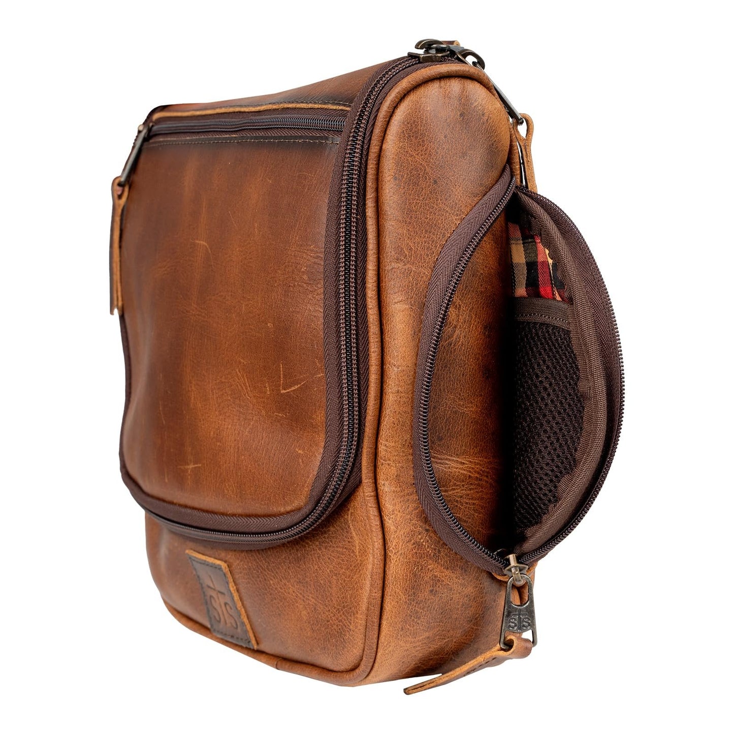 STS Ranchwear Men's Tucson Hanging Shave STS30310 Multi-Pocket Leather Travel Toiletry Dopp Kit Organizer Bag, Rich Tan, 10.5" W x 10" H