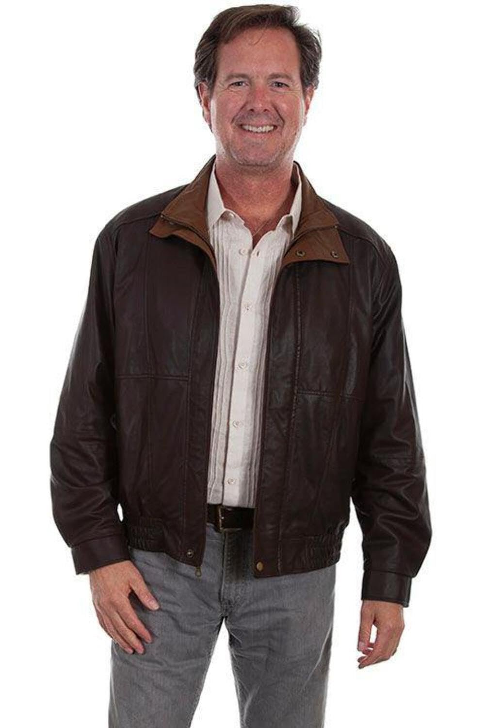 Scully Men's Leather Double Collar Featherlite Jacket - Chocolate/Cognac