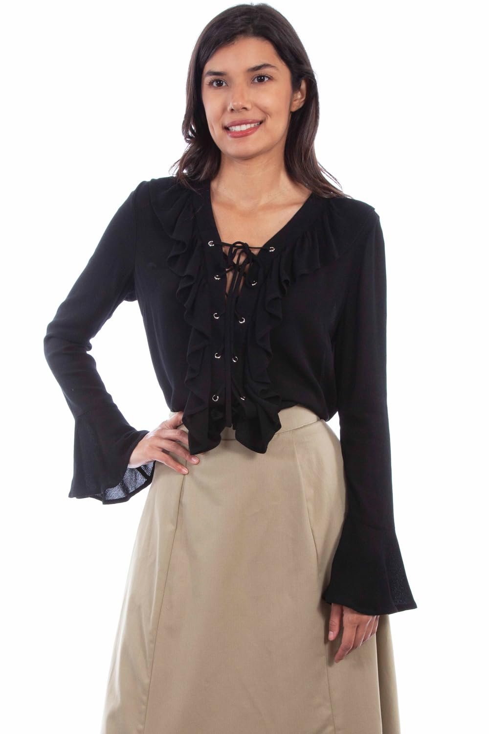 Scully Rangewear Women's Ruffle Lace Up Blouse Shirt - Black