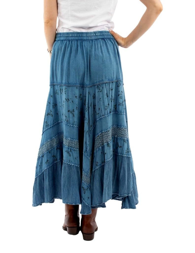 Scully Women's Western Rose Print Rayon Long Skirt - Blue